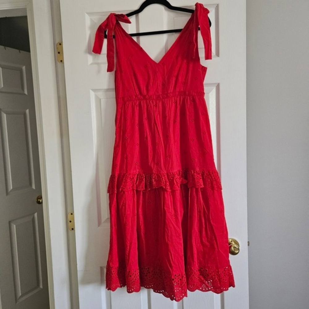 Dex Bright Red Eyelet Tie-Shoulder Midi Dress